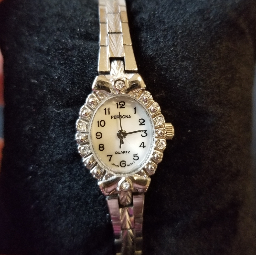 Persona Jeweled Rhinestone Silver Tone Quartz Stainless Steel Japan Movt Watch
